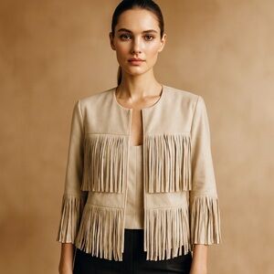 BCBGMAXAZRIA Beige Fringe Faux Suede Jacket – Size M – New with Tags